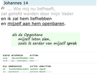 Johannes 14
21 ... Wie mij nu liefheeft,
zal geliefd worden door mijn Vader
en ik zal hem liefhebben
en mijzelf aan hem openbaren.
als de Opgestane
mijzelf laten zien,
zoals ik eerder van mijzelf sprak
 