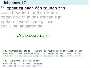 Johannes 17
21 opdat zij allen één zouden zijn
zoals U Vader in mij en ik in U,
opdat ook zij in ons zouden zijn,
opdat de wereld zou geloven
dat U mij afvaardigde.
zie Johannes 10 >
 