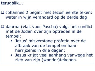 terugblik...
 Johannes 2 begint met Jezus' eerste teken:
water in wijn veranderd op de derde dag
 daarna (vlak voor Pasc...