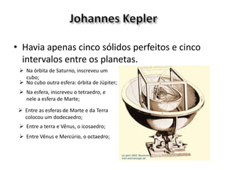 • Havia apenas cinco sólidos perfeitos e cinco
intervalos entre os planetas.
 Na órbita de Saturno, inscreveu um
cubo;
 No cubo outra esfera: órbita de Júpiter;
 Na esfera, inscreveu o tetraedro, e
nele a esfera de Marte;
 Entre as esferas de Marte e da Terra
colocou um dodecaedro;
 Entre a terra e Vênus, o icosaedro;
 Entre Vênus e Mercúrio, o octaedro;
 
