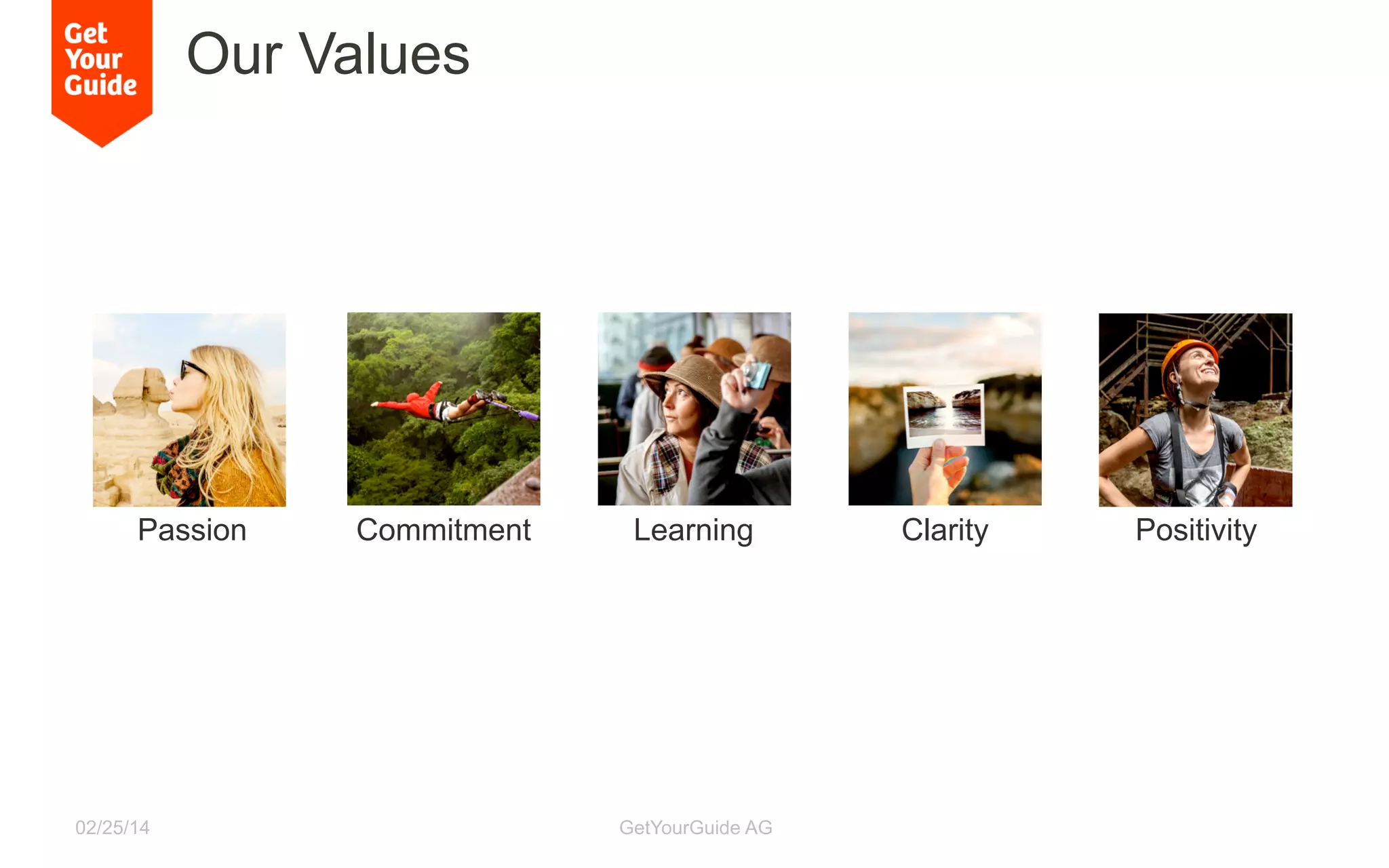 02/25/14 GetYourGuide AG
Passion Commitment Learning Clarity Positivity
Our Values
 
