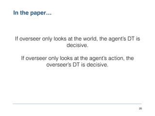 20
In the paper…
If overseer only looks at the world, the agent’s DT is
decisive.
If overseer only looks at the agent’s ac...