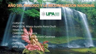 CURSO:TIC
PROFESOR: Marco Aurelio Porro Chulli
TEMA: BLOG
CARRERA: Enfermería
INTEGRANTES: Erika Johany Cayatopa
Díaz
CICLO: I
AÑO: 2018
 