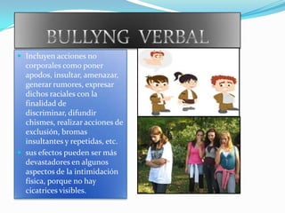 BULLYNG  VERBALIncluyen acciones no corporales como poner apodos, insultar, amenazar, generar rumores, expresar dichos raciales con la finalidad de discriminar, difundir chismes, realizar acciones de exclusión, bromas insultantes y repetidas, etc.sus efectos pueden ser más devastadores en algunos aspectos de la intimidación física, porque no hay cicatrices visibles.