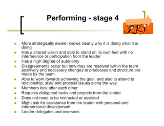 Performing - stage 4
„ More strategically aware; knows clearly why it is doing what it is
doing
„ Has a shared vision and able to stand on its own feet with no
interference or participation from the leader
„ Has a high degree of autonomy
„ Disagreements occur but now they are resolved within the team
positively and necessary changes to processes and structure are
made by the team
„ Able to work towards achieving the goal, and also to attend to
relationship, style and process issues along the way
„ Members look after each other
„ Requires delegated tasks and projects from the leader
„ Does not need to be instructed or assisted
„ Might ask for assistance from the leader with personal and
interpersonal development
„ Leader delegates and oversees
 