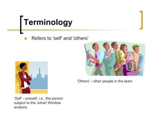 Terminology
„ Refers to 'self' and 'others‘
‘Self' - oneself, i.e., the person
subject to the Johari Window
analysis
'Others' - other people in the team
 