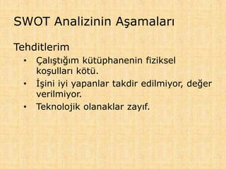 SWOT Analizinin Aşamaları
Tehditlerim
• Çalıştığım kütüphanenin fiziksel
koşulları kötü.
• İşini iyi yapanlar takdir edilmiyor, değer
verilmiyor.
• Teknolojik olanaklar zayıf.
 