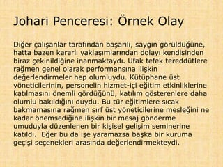 Johari Penceresi: Örnek Olay
Diğer çalışanlar tarafından başarılı, saygın görüldüğüne,
hatta bazen kararlı yaklaşımlarından dolayı kendisinden
biraz çekinildiğine inanmaktaydı. Ufak tefek tereddütlere
rağmen genel olarak performansına ilişkin
değerlendirmeler hep olumluydu. Kütüphane üst
yöneticilerinin, personelin hizmet-içi eğitim etkinliklerine
katılmasını önemli gördüğünü, katılım gösterenlere daha
olumlu bakıldığını duydu. Bu tür eğitimlere sıcak
bakmamasına rağmen sırf üst yöneticilerine mesleğini ne
kadar önemsediğine ilişkin bir mesaj gönderme
umuduyla düzenlenen bir kişisel gelişim seminerine
katıldı. Eğer bu da işe yaramazsa başka bir kuruma
geçişi seçenekleri arasında değerlendirmekteydi.
 