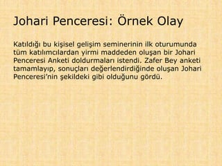 Johari Penceresi: Örnek Olay
Katıldığı bu kişisel gelişim seminerinin ilk oturumunda
tüm katılımcılardan yirmi maddeden oluşan bir Johari
Penceresi Anketi doldurmaları istendi. Zafer Bey anketi
tamamlayıp, sonuçları değerlendirdiğinde oluşan Johari
Penceresi’nin şekildeki gibi olduğunu gördü.
 