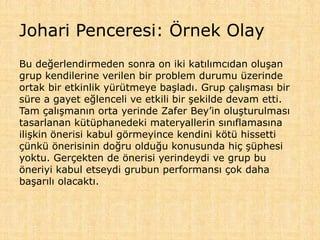 Johari Penceresi: Örnek Olay
Bu değerlendirmeden sonra on iki katılımcıdan oluşan
grup kendilerine verilen bir problem durumu üzerinde
ortak bir etkinlik yürütmeye başladı. Grup çalışması bir
süre a gayet eğlenceli ve etkili bir şekilde devam etti.
Tam çalışmanın orta yerinde Zafer Bey’in oluşturulması
tasarlanan kütüphanedeki materyallerin sınıflamasına
ilişkin önerisi kabul görmeyince kendini kötü hissetti
çünkü önerisinin doğru olduğu konusunda hiç şüphesi
yoktu. Gerçekten de önerisi yerindeydi ve grup bu
öneriyi kabul etseydi grubun performansı çok daha
başarılı olacaktı.
 