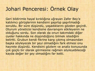Johari Penceresi: Örnek Olay
Geri bildirimle hayal kırıklığına uğrayan Zafer Bey’e
katılımcı görüşlerinin kendisini şaşırtıp şaşırtmadığı
soruldu. Bir süre düşündü, yaşadıklarını gözden geçirdi.
Oturum yöneticisi kendisine davranışını etkileyenin ne
olduğunu sordu. Son olarak da onun takımdaki diğer
üyeler hakkında ne düşündüğünü bilmek istediğini
belirtti. Grubun kendi fikrine karşı çıkmış olmasından
başka söyleyecek bir şeyi olmadığını fark etmesi onu
hayrete düşürdü. Kendisini gözlem ve analiz konusunda
çok güçlü bir olarak görmesine rağmen söyleyebileceği
kayda değer bir şey olmadığını far ketti.
 