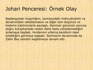 Johari Penceresi: Örnek Olay
Başlangıçtaki kızgınlığını, sonrasındaki mahcubiyetini ve
devamındaki rahatlamasını ve diğer tüm düşünce ve
hislerini katılımcılarla paylaştı. Seminer gününün sonuna
doğru kütüphanede neden daha fazla yükselemediğini
anlamaya başladı. Hırslarının yıllarca kendisini nasıl
tükettiğini görmeye başladı. Seminerin devamında da
Zafer Bey kendini keşfetmeye devam etti.
 