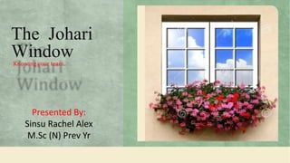 The Johari
WindowKnowing your team..
Presented By:
Sinsu Rachel Alex
M.Sc (N) Prev Yr
 