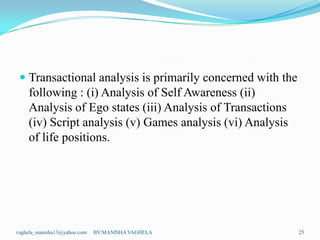  Transactional analysis is primarily concerned with the
   following : (i) Analysis of Self Awareness (ii)
   Analysis of...