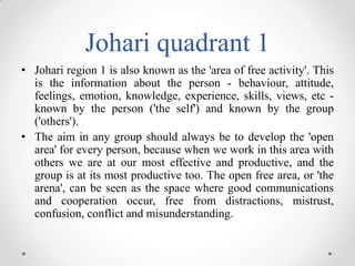 Johari quadrant 1
• Johari region 1 is also known as the 'area of free activity'. This
is the information about the person - behaviour, attitude,
feelings, emotion, knowledge, experience, skills, views, etc known by the person ('the self') and known by the group
('others').
• The aim in any group should always be to develop the 'open
area' for every person, because when we work in this area with
others we are at our most effective and productive, and the
group is at its most productive too. The open free area, or 'the
arena', can be seen as the space where good communications
and cooperation occur, free from distractions, mistrust,
confusion, conflict and misunderstanding.

 