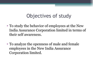 Objectives of study
• To study the behavior of employees at the New
India Assurance Corporation limited in terms of
their self awareness.
• To analyze the openness of male and female
employees in the New India Assurance
Corporation limited.

 