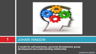 JOHARI WINDOW
A model for self-awareness, personal development, group
development and understanding relationship
1
SANDHYA UMESH
 