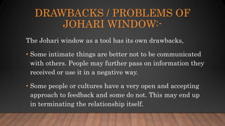 DRAWBACKS / PROBLEMS OF
JOHARI WINDOW:-
The Johari window as a tool has its own drawbacks,
• Some intimate things are better not to be communicated
with others. People may further pass on information they
received or use it in a negative way.
• Some people or cultures have a very open and accepting
approach to feedback and some do not. This may end up
in terminating the relationship itself.
 