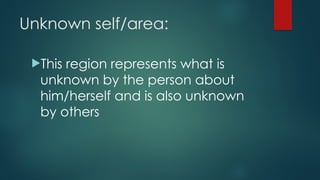 Unknown self/area:
This region represents what is
unknown by the person about
him/herself and is also unknown
by others
 