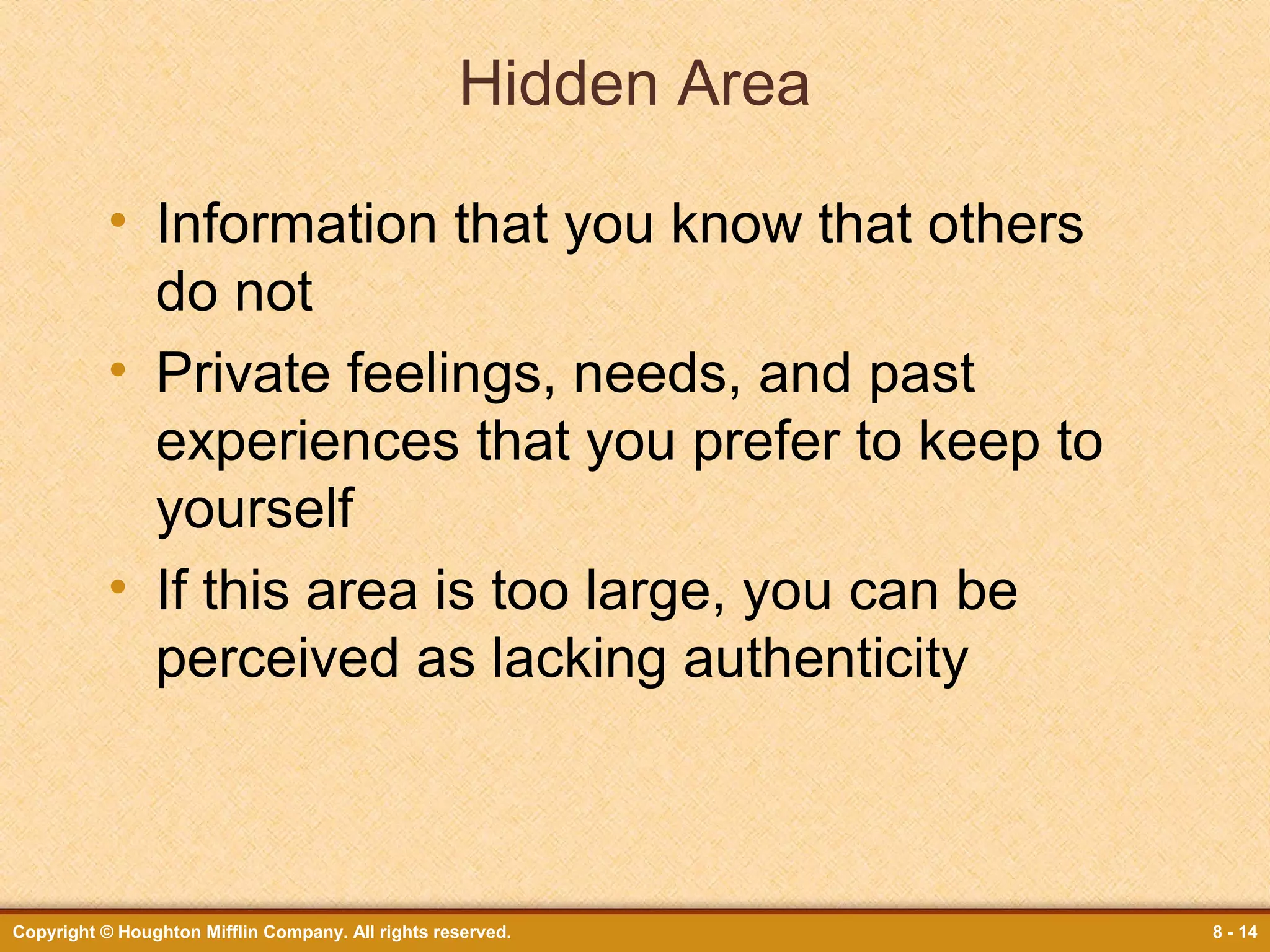 Hidden Area
• Information that you know that others
do not
• Private feelings, needs, and past
experiences that you prefer to keep to
yourself
• If this area is too large, you can be
perceived as lacking authenticity

Copyright © Houghton Mifflin Company. All rights reserved.

8 - 14

 