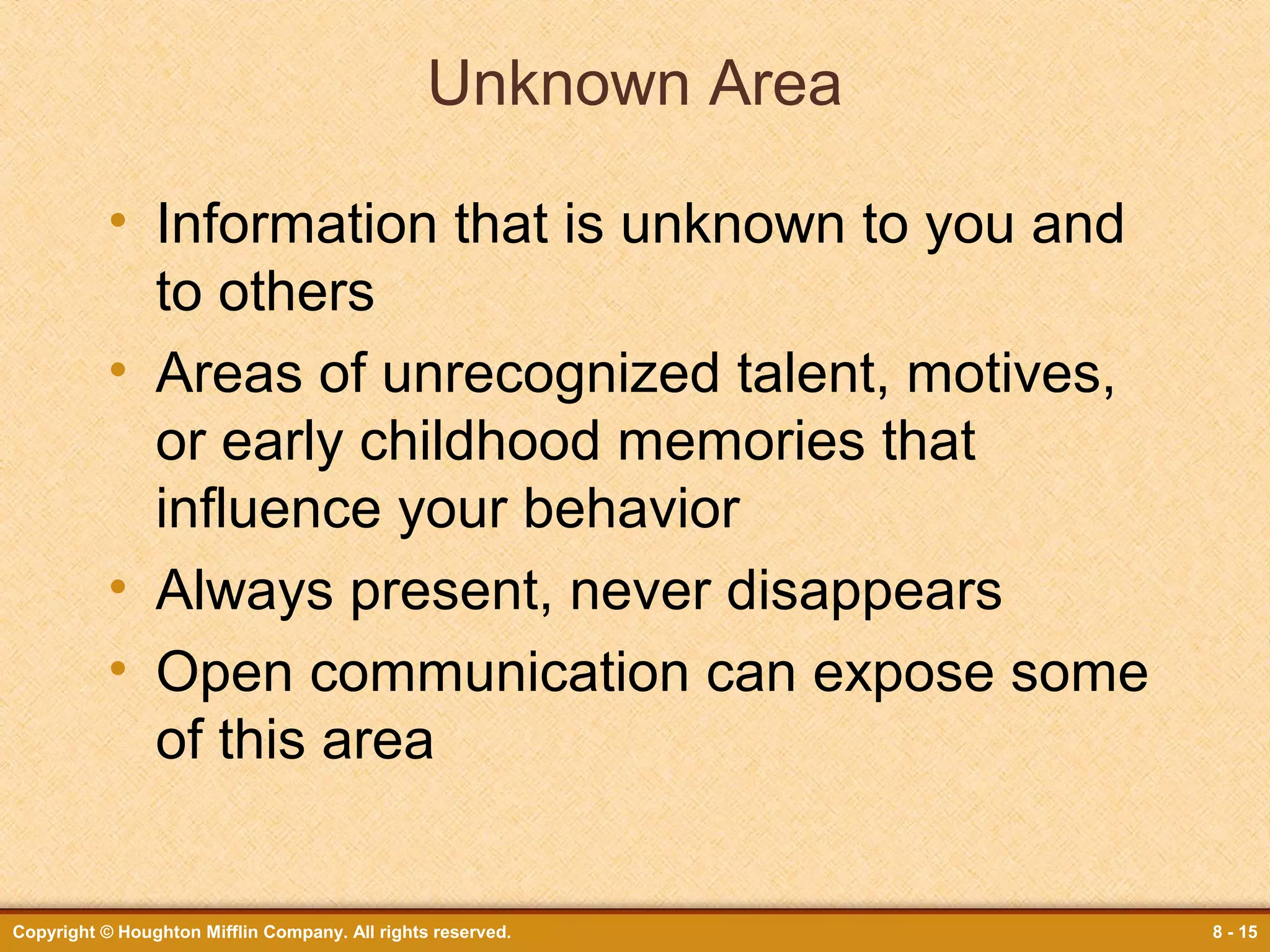 Unknown Area
• Information that is unknown to you and
to others
• Areas of unrecognized talent, motives,
or early childhood memories that
influence your behavior
• Always present, never disappears
• Open communication can expose some
of this area

Copyright © Houghton Mifflin Company. All rights reserved.

8 - 15

 