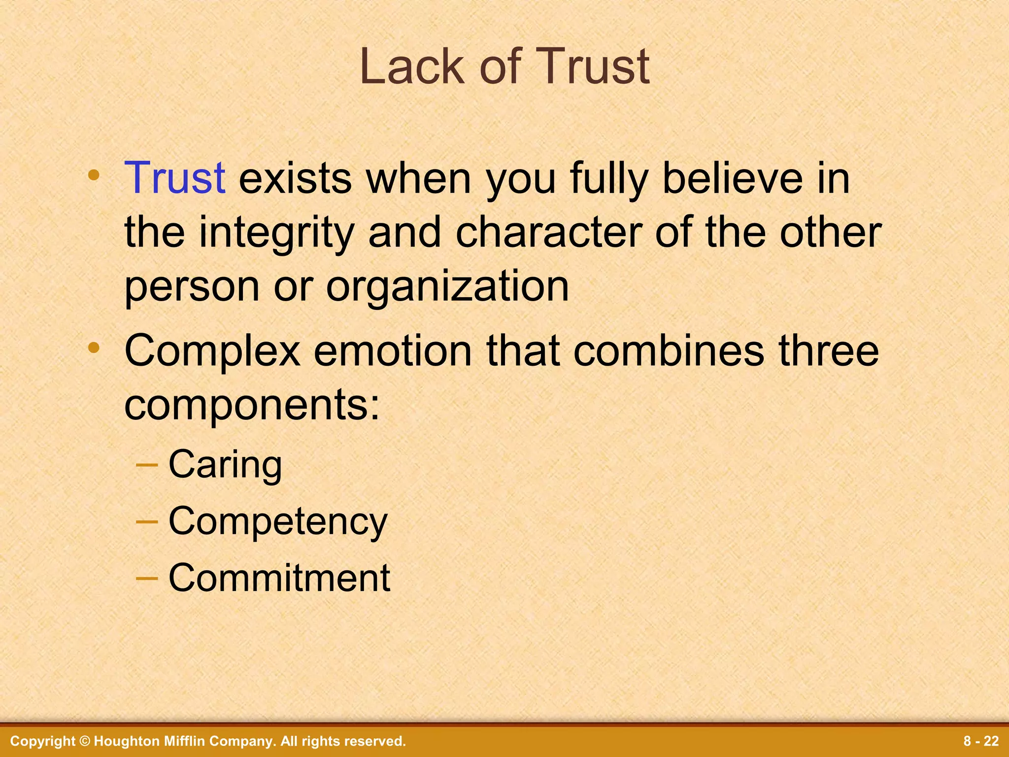 Lack of Trust
• Trust exists when you fully believe in
the integrity and character of the other
person or organization
• Complex emotion that combines three
components:
– Caring
– Competency
– Commitment

Copyright © Houghton Mifflin Company. All rights reserved.

8 - 22

 
