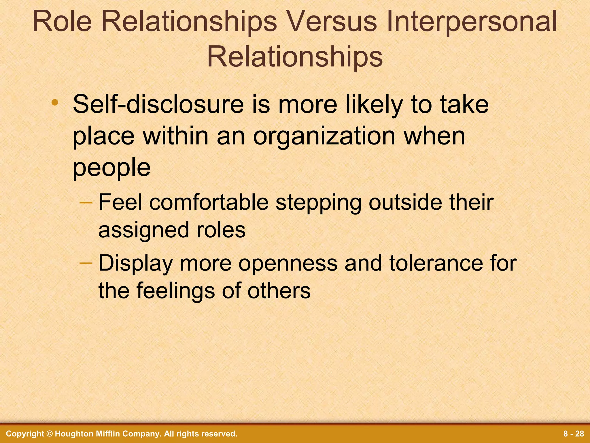 Role Relationships Versus Interpersonal
Relationships
• Self-disclosure is more likely to take
place within an organization when
people
– Feel comfortable stepping outside their
assigned roles
– Display more openness and tolerance for
the feelings of others

Copyright © Houghton Mifflin Company. All rights reserved.

8 - 28

 