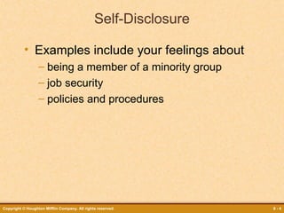 Self-Disclosure
• Examples include your feelings about
– being a member of a minority group
– job security
– policies and procedures

Copyright © Houghton Mifflin Company. All rights reserved.

8-4

 