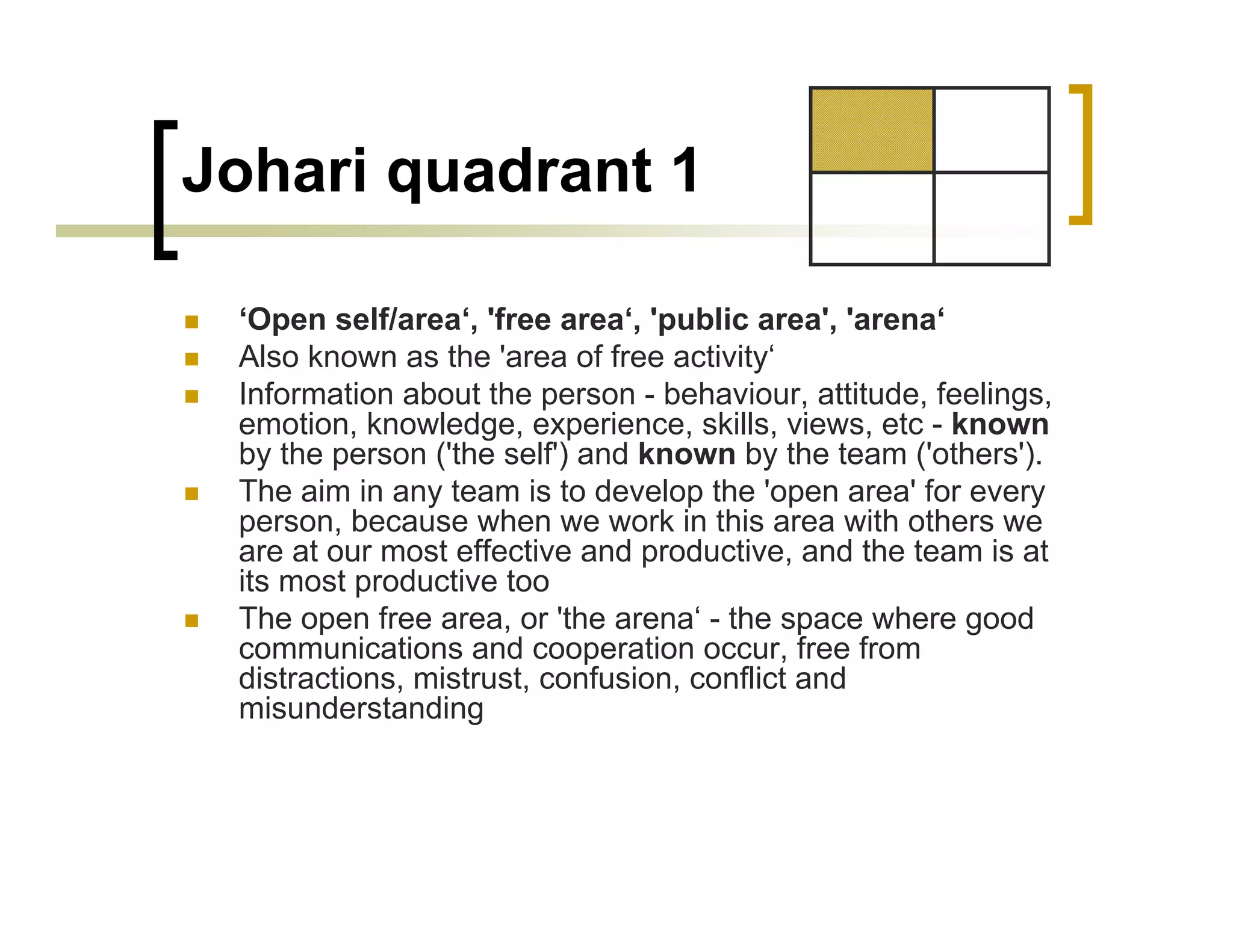 Johari quadrant 1

 ‘Open self/area‘, 'free area‘, 'public area', 'arena‘
 Also known as the 'area of free activity‘
 Information about the person - behaviour, attitude, feelings,
 emotion, knowledge, experience, skills, views, etc - known
 by the person ('the self') and known by the team ('others').
 The aim in any team is to develop the 'open area' for every
 person, because when we work in this area with others we
 are at our most effective and productive, and the team is at
 its most productive too
 The open free area, or 'the arena‘ - the space where good
 communications and cooperation occur, free from
 distractions, mistrust, confusion, conflict and
 misunderstanding
 