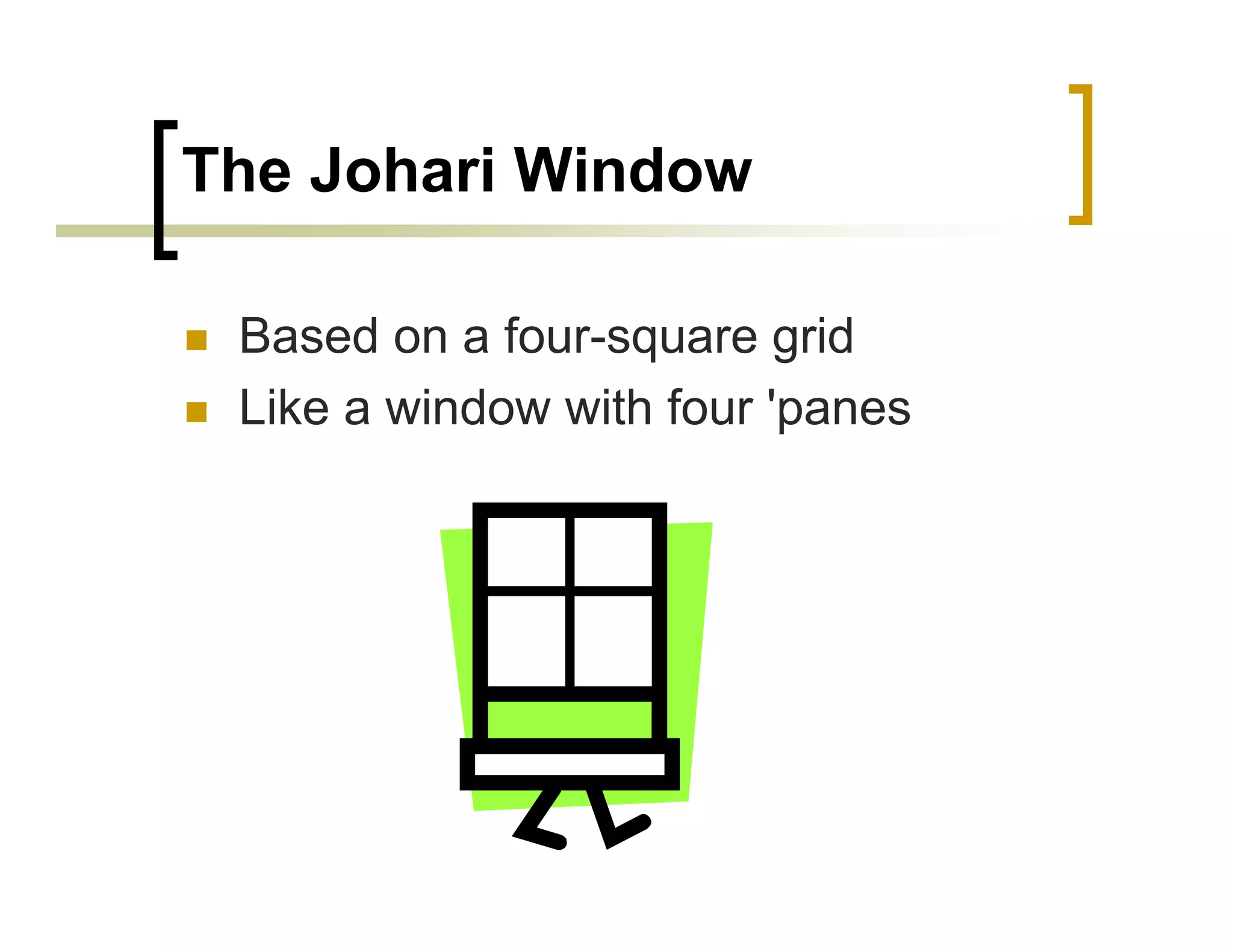 The Johari Window

 Based on a four-square grid
 Like a window with four 'panes
 