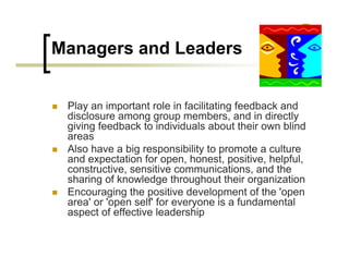 Managers and Leaders


 Play an important role in facilitating feedback and
 disclosure among group members, and in directly
 giving feedback to individuals about their own blind
 areas
 Also have a big responsibility to promote a culture
 and expectation for open, honest, positive, helpful,
 constructive, sensitive communications, and the
 sharing of knowledge throughout their organization
 Encouraging the positive development of the 'open
 area' or 'open self' for everyone is a fundamental
 aspect of effective leadership
 