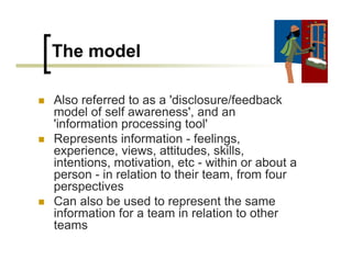 The model

Also referred to as a 'disclosure/feedback
model of self awareness', and an
'information processing tool'
Represents information - feelings,
experience, views, attitudes, skills,
intentions, motivation, etc - within or about a
person - in relation to their team, from four
perspectives
Can also be used to represent the same
information for a team in relation to other
teams
 