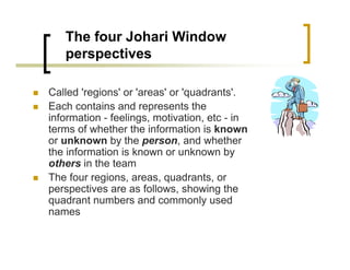 The four Johari Window
   perspectives

Called 'regions' or 'areas' or 'quadrants'.
Each contains and represents the
information - feelings, motivation, etc - in
terms of whether the information is known
or unknown by the person, and whether
the information is known or unknown by
others in the team
The four regions, areas, quadrants, or
perspectives are as follows, showing the
quadrant numbers and commonly used
names
 