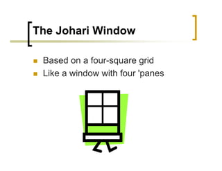 The Johari Window

 Based on a four-square grid
 Like a window with four 'panes
 