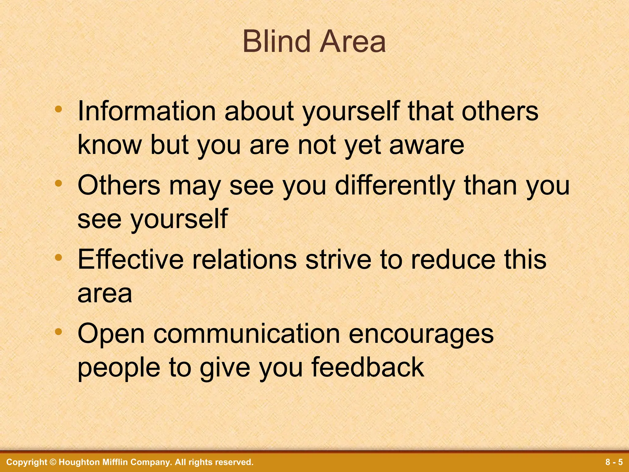 Copyright © Houghton Mifflin Company. All rights reserved. 8 - 5
Blind Area
• Information about yourself that others
know but you are not yet aware
• Others may see you differently than you
see yourself
• Effective relations strive to reduce this
area
• Open communication encourages
people to give you feedback
 