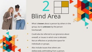 Blind Area
2
 What is known about a person by others in the
group, but is unknown by the person
him/herself.
 Could also be referred to as ignorance about
oneself, or issues in which one is deluded.
 Not an effective or productive space for
individuals or groups.
 Also include issues that others are
deliberately withholding from a person.
 