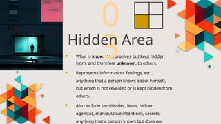  What is known to ourselves but kept hidden
from, and therefore unknown, to others.
 Represents information, feelings, etc..,
anything that a person knows about himself,
but which is not revealed or is kept hidden from
others.
 Also include sensitivities, fears, hidden
agendas, manipulative intentions, secrets -
anything that a person knows but does not
0
3
Hidden Area
 