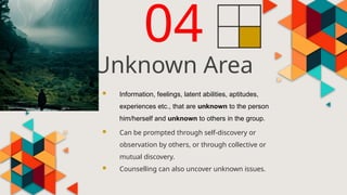  Information, feelings, latent abilities, aptitudes,
experiences etc., that are unknown to the person
him/herself and unknown to others in the group.
 Can be prompted through self-discovery or
observation by others, or through collective or
mutual discovery.
 Counselling can also uncover unknown issues.
Unknown Area
04
 