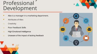 Professional
Development
 Alex is a manager in a marketing department.
 Attributes of Alex:
1) Creativity
2) Poor Feedback Skills
3) High Emotional Intelligence
4) Unaware of the impact of lacking feedback
 