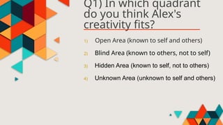 Q1) In which quadrant
do you think Alex's
creativity fits?
1) Open Area (known to self and others)
2) Blind Area (known to others, not to self)
3) Hidden Area (known to self, not to others)
4) Unknown Area (unknown to self and others)
 