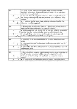 17 If a friend seemed to be preoccupied and began to jump on me for
seemingly unimportant things, and became irritated with me and others
without real cause, I would:
A
___3_
 treat him / her with kid gloves for awhile on the assumption that s/he
was having some temporary personal problems which were none of my
business
B
__2__
 try to talk to him/her about it and point out to him/her how his / her
behaviour was affecting people
18 If I had begun to dislike certain habits of a friend to the point that it was
interfering with my enjoying his/her company, I would:
A
____ 5
 say nothing to him / her directly, but let him / her know my feelings by
ignoring him / her whenever his/her annoying habits were obvious
B
__0__
 get my feelings out in the open and clear the air so that we could
continue our friendship comfortably and enjoyably
19 In discussing social behaviour with one of my more sensitive friends, I
would:
A  avoid mentioning his / her flaws and weaknesses so as not to hurt his /
her feelings
B  focus on his / her flaws and weaknesses so s/he could improve his / her
interpersonal skills
20 If I knew I might be assigned to an important position in our group and my
friends' attitudes toward me had become rather negative, I would:
A  discuss my shortcomings with my friends so I could see where to
improve
B  try to figure out my own shortcomings by myself so I could improve
3
2
2
3
 