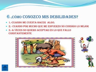 6.-¡Cómo conozco mis debilidades?
 1.-Cuando me cuesta hacer algo.
 2.- Cuando por mucho que me esfuerzo no consigo lo mejor
 3.-A veces no quiero aceptar en lo que fallo
  constantemente
 