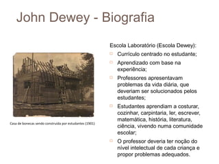 John Dewey - Biografia
                                                         Escola Laboratório (Escola Dewey):
                                                            Currículo centrado no estudante;
                                                            Aprendizado com base na
                                                             experiência;
                                                            Professores apresentavam
                                                             problemas da vida diária, que
                                                             deveriam ser solucionados pelos
                                                             estudantes;
                                                            Estudantes aprendiam a costurar,
                                                             cozinhar, carpintaria, ler, escrever,
                                                             matemática, história, literatura,
Casa de bonecas sendo construída por estudantes (1901)
                                                             ciência, vivendo numa comunidade
                                                             escolar;
                                                            O professor deveria ter noção do
                                                             nível intelectual de cada criança e
                                                             propor problemas adequados.
 