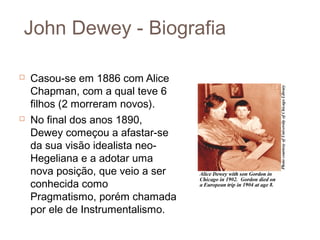 John Dewey - Biografia

   Casou-se em 1886 com Alice
    Chapman, com a qual teve 6
    filhos (2 morreram novos).
   No final dos anos 1890,
    Dewey começou a afastar-se
    da sua visão idealista neo-
    Hegeliana e a adotar uma
    nova posição, que veio a ser
    conhecida como
    Pragmatismo, porém chamada
    por ele de Instrumentalismo.
 