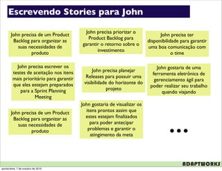 Escrevendo Stories para John

                                            John precisa priorizar o
        John precisa de um Product                                               John precisa ter
                                             Product Backlog para
         Backlog para organizar as                                         disponibilidade para garantir
                                          garantir o retorno sobre o
           suas necessidades de                                            uma boa comunicação com
                                                 investimento
                 produto                                                               o time

           John precisa escrever os                                            John gostaria de uma
         testes de aceitação nos itens         John precisa planejar
                                                                             ferramenta eletrônica de
         mais prioritário para garantir     Releases para possuir uma
                                                                              gerenciamento ágil para
         que eles estejam preparados       visibilidade do horizonte do
                                                                            poder realizar seu trabalho
             para a Sprint Planning                    projeto
                                                                                  quando viajando
                    Meeting
                                          John gostaria de visualizar os




                                                                                     ...
        John precisa de um Product          itens prontos assim que
         Backlog para organizar as          estes estejam ﬁnalizados
           suas necessidades de               para poder antecipar
                 produto                     problemas e garantir o
                                              atingimento da meta




quinta-feira, 7 de outubro de 2010
 