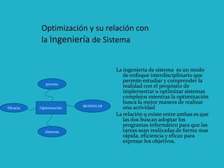 Optimización y su relación con
la Ingeniería de Sistema
La ingeniería de sistema es un modo
de enfoque interdisciplinario que
permite estudiar y comprender la
realidad con el propósito de
implementar u optimizar sistemas
complejos mientras la optimización
busca la mejor manera de realizar
una actividad
La relación q existe entre ambas es que
las dos buscan adoptar los
programas informático para que las
tareas sean realizadas de forma mas
rápida, eficiencia y eficaz para
expresar los objetivos.
proceso
Optimización
sistemas
MODIFICAR
Eficacia
 
