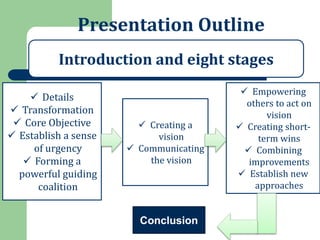 Presentation Outline
 Details
 Transformation
 Core Objective
 Establish a sense
of urgency
 Forming a
powerful guidi...