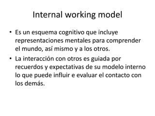 Internal working model
• Es un esquema cognitivo que incluye
representaciones mentales para comprender
el mundo, así mismo...