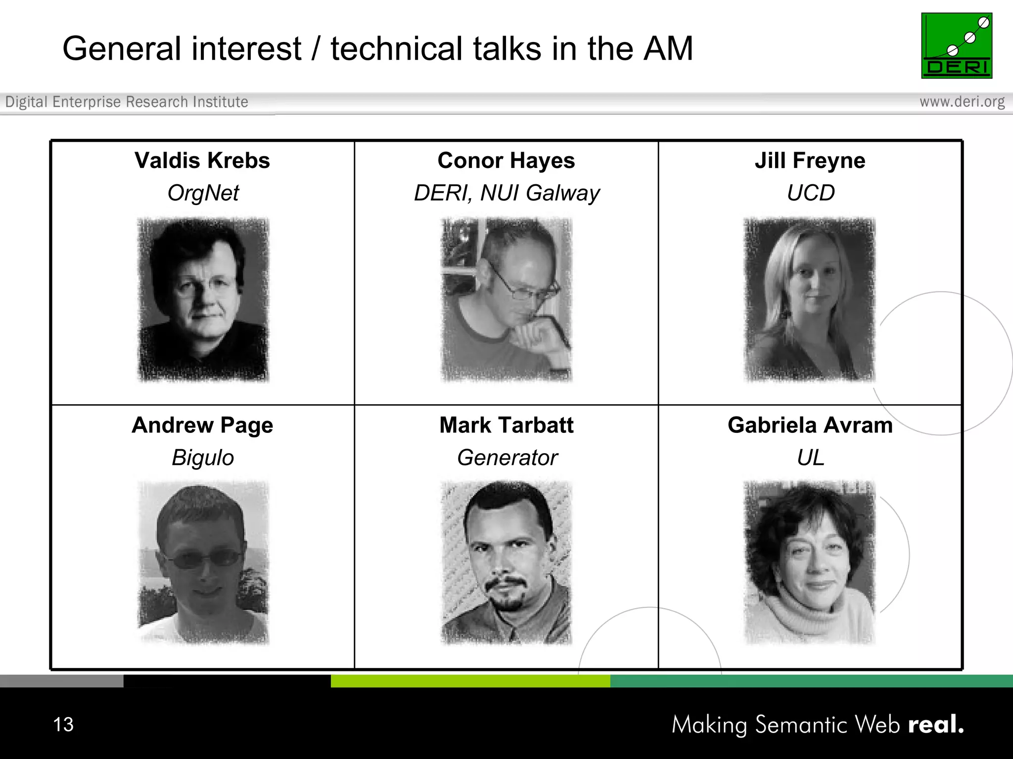 General interest / technical talks in the AM Gabriela Avram UL Mark Tarbatt Generator Andrew Page Bigulo Jill Freyne UCD Conor Hayes DERI, NUI Galway Valdis Krebs OrgNet 