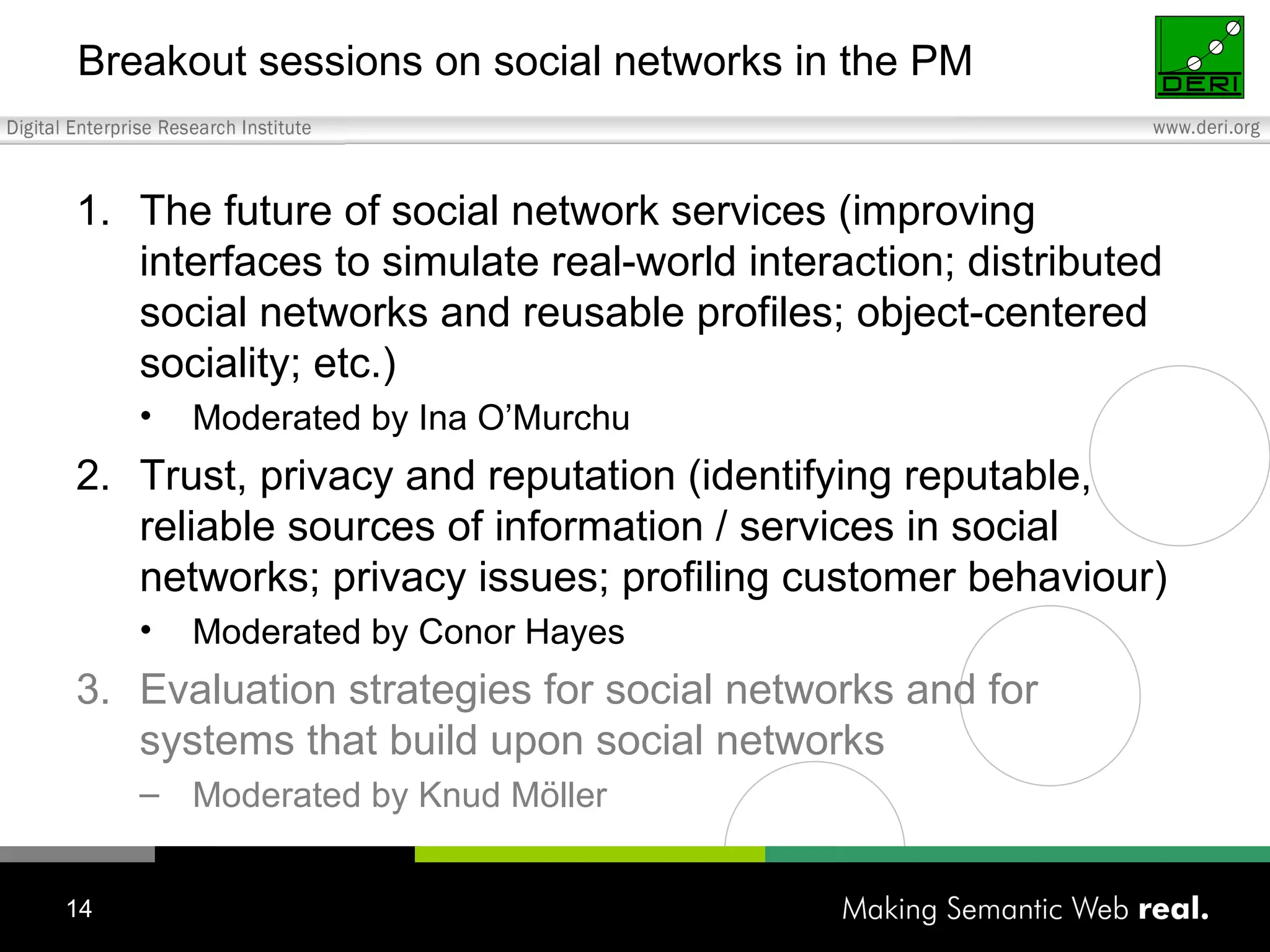 Breakout sessions on social networks in the PM The future of social network services (improving interfaces to simulate real-world interaction; distributed social networks and reusable profiles; object-centered sociality; etc.) Moderated by  Ina O’Murchu Trust, privacy and reputation (identifying reputable, reliable sources of information / services in social networks; privacy issues; profiling customer behaviour) Moderated by Conor Hayes Evaluation strategies for social networks and for systems that build upon social networks Moderated by Knud Möller 